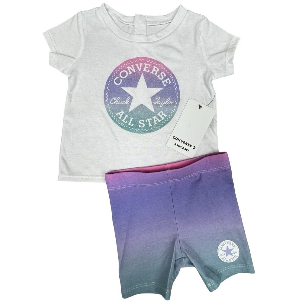 Converse 24 Month 2-Piece Set Girls White Tee & Purple Biker Short Youth New